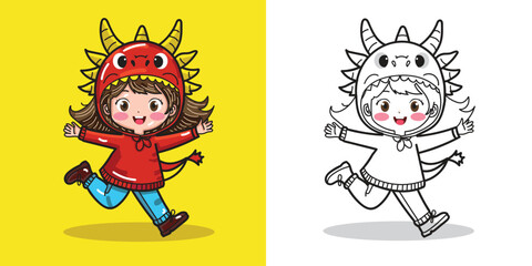 a girl wearing a dragon cartoon hoodie good for design element or coloring book element