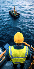 Obraz premium A man in a yellow safety vest stands on a boat looking out at the water