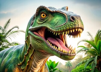 Obraz premium Smiling Dinosaur Panoramic Photo, Prehistoric, Green Brown, White Background