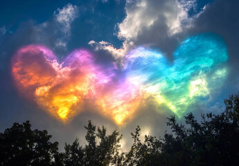 Naklejka premium Vibrant, heart-shaped clouds in rainbow pastel colors float dreamily across the sky. This surreal, romantic composition captures a sense of wonder and whimsy, ideal for fantasy and dreamy concepts.