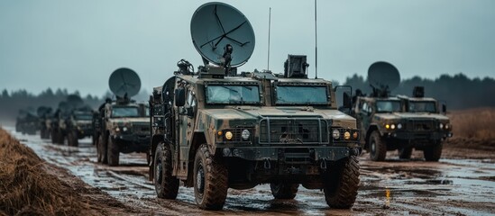 A convoy of military vehicles with satellite dishes drives on a muddy road.