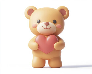 Fototapeta premium A cute 3D teddy bear holding a heart, presented in a simple and isolated style on a clean white background, perfect for Valentine's Day or romantic themes.