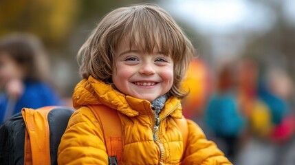 Fototapeta premium A smiling child in an orange jacket, ready for school, with other kids in the background.