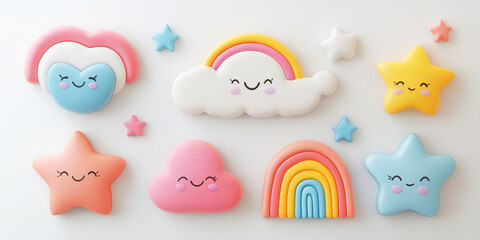 Cartoon 3D shapes of stars, hearts, and rainbows on white. Their whimsical style is cheerful and perfect for creative or playful designs.