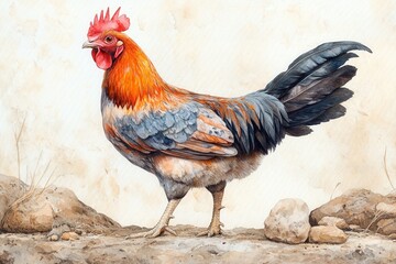A colorful rooster stands proudly on a rocky surface, showcasing its vibrant plumage.
