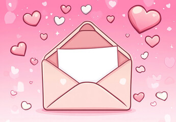 A simple love letter in an envelope surrounded by hearts. The pink and red palette with playful flat lines creates a cartoon-like, romantic aesthetic.