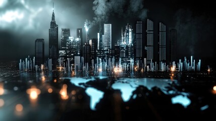 Pollution and Environmental Impact concept. Futuristic city skyline at night with illuminated buildings.