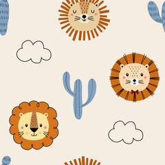 Seamless pattern with cute little lion, cactus and cloud for your fabric, children textile, nursery decoration, gift wrap paper, kids bedding, baby's shirt. Vector illustration