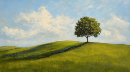 Solitary tree on a verdant hill under a partly cloudy sky.