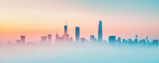 Pollution and Environmental Impact concept. City skyline at sunrise with fog and pastel colors.