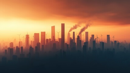 Fototapeta premium Pollution and Environmental Impact concept. Urban skyline at sunset with smoke and silhouettes of buildings.