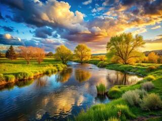 Fototapeta premium Spring River Scenery, Cloudy Morning, Wild Nature