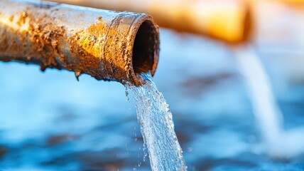Pollution and Environmental Impact concept. Water flowing from a rusted pipe into a blue body of water.