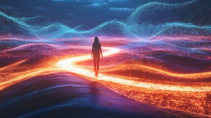 Fototapeta premium Exploring the neon path digital landscape abstract art virtual environment person's perspective surreal journey