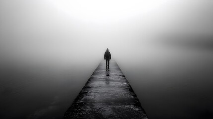 Lonely figure walking on foggy pier serene landscape monochrome photography atmospheric environment solitude concept