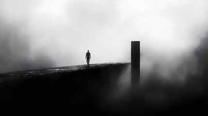 Mysterious figure walking on a foggy pathway abstract landscape monochrome art surreal environment wide angle view