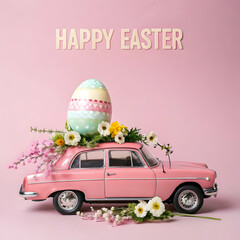 pink retro car with flowers and egg with text happy Easter