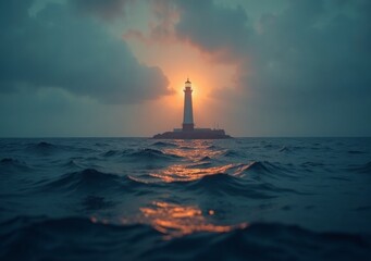Fototapeta premium Lighthouse stands tall against dramatic sunset over ocean waves
