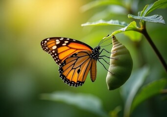 Fototapeta premium Monarch butterfly emerging from chrysalis in a vibrant green environment