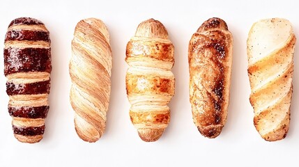 Fototapeta premium Delicious Pastry Assortment Croissants Breads Bakery Watercolor Style