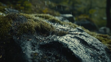 Rain falling on mossy rocks in a forest.