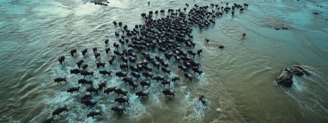 The dramatic migration of wildebeest across the Mara River during the Great Migration, Kenya, Wildlife scene
