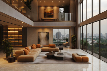 A luxury penthouse living area with high ceilings, a panoramic city view, plush velvet sofas,...