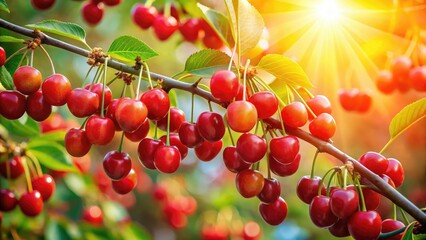 Fototapeta premium Sunlit Cherry Branch, Red Berries, Landscape Photography