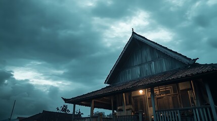 Fototapeta premium Old Wooden House Under Dramatic Cloudy Sky