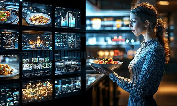 A woman holds a plate of food while viewing digital screens displaying data and visuals.