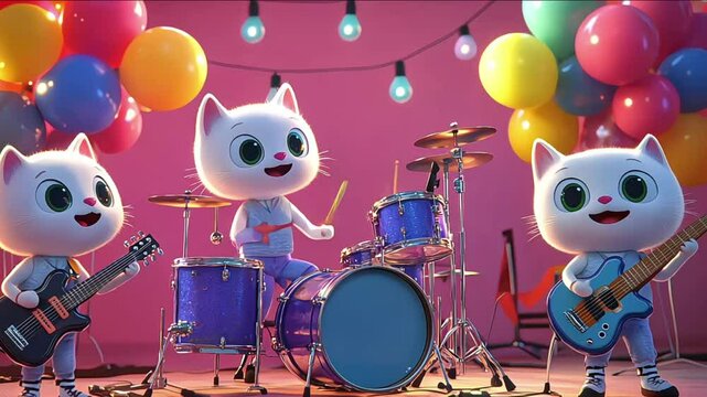 Three cats are playing instruments on stage in front of a crowd of people