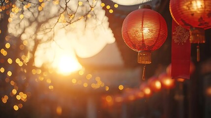 Golden Hour Sunset Scene with Illuminated Red Chinese Lanterns Hanging Outdoors
