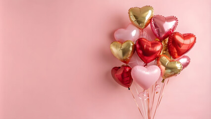 Heart-shaped balloons in gold, red, and pink on a pastel pink background.