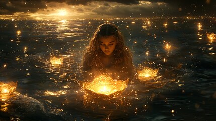 Obraz premium Enchanting Girl in Water with Glowing Lotus Flowers Magical Sunset Scene