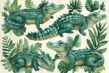 A colorful illustration of crocodiles among tropical leaves.