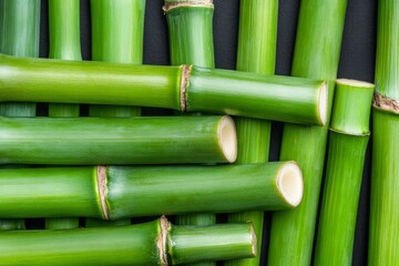 Natural green bamboo stalks arranged closely together on a dark background, showcasing their smooth texture and vibrant color