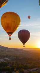 Naklejka premium Hot Air Balloons Sunrise Landscape Travel Adventure