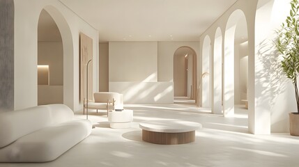 A large, bright showroom with neutral tones and an open floor plan, providing ample space for displaying products in a clean, simple environment