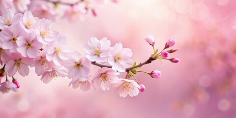 Fototapeta premium Delicate cherry blossoms unfolding on a soft pastel pink paper background, beautiful spring flowers, floral arrangement