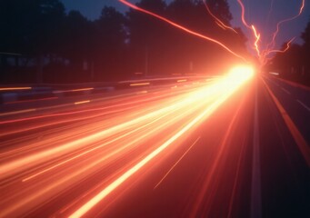 Dynamic light trails from fast-moving vehicles on a dark road during twilight hours