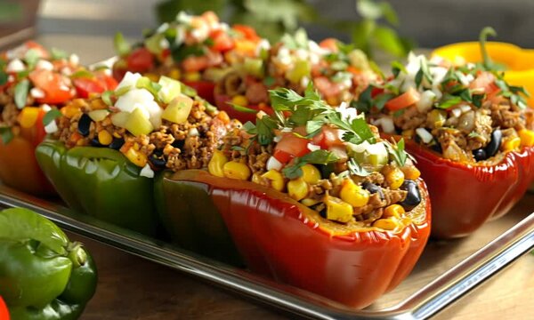 Colorful stuffed peppers filled with meat, corn, and topped with fresh vegetables and herbs.