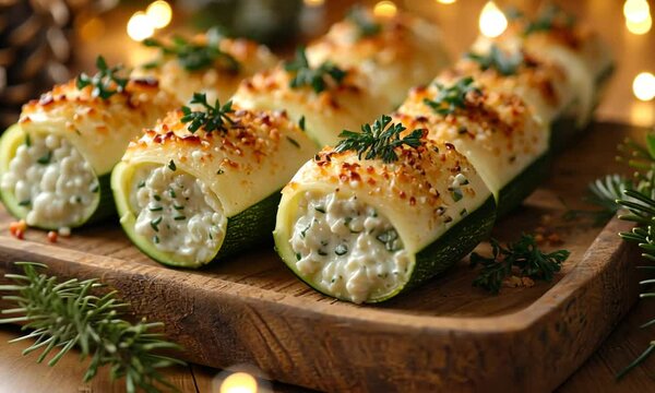 Delicious stuffed zucchini rolls topped with crispy breadcrumbs and herbs on a wooden board.