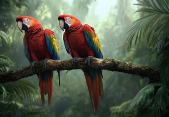 Two red parrots with blue and yellow feathers perched on a tree branch in the rainforest