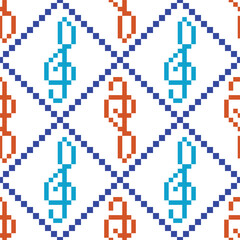 Obraz premium Music note,Cross Stitch embroidery seamless pattern background.Music background vintage retro style.Pixel ethnic design.Beautiful folk art abstract design for products, fabric,tile,print,decorate.