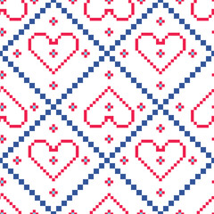 Cute red and blue heart.Cross Stitch embroidery seamless.Geometric pixel ethnic patterns. Lovely romantic folk background for Mother's Day, Valentine,wedding,birthday,textiles, wallpapers,decorate.