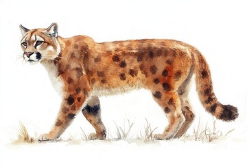 A watercolor illustration of a spotted animal resembling a puma in a natural setting.