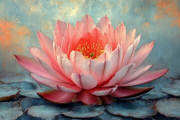 Pink water lily blossom on teal lily pads, artistic background.