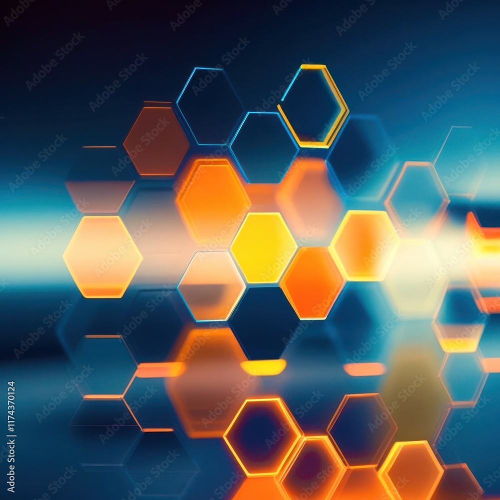 Poster Colorful hexagon pattern is displayed on a blue background