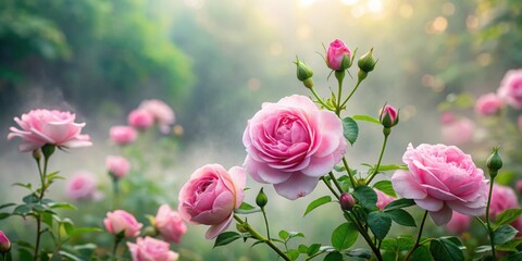 Softly blooming pink roses against a gentle white foggy morning, surrounded by lush greenery and delicate petals , greenery, pink