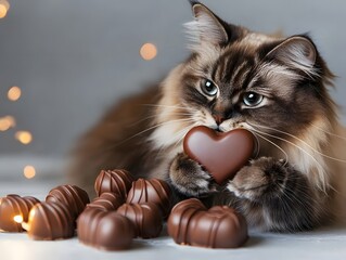 Adorable Fluffy Cat Holding Heart Shaped Chocolates for Valentine s Day